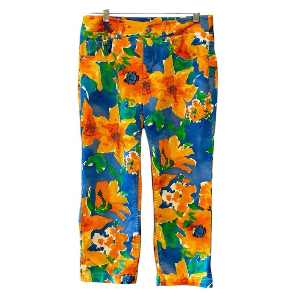 Jones New York Blue & Orange Floral Stretch Cropped Sport Pants, Womens Size 4 - Picture 4 of 8